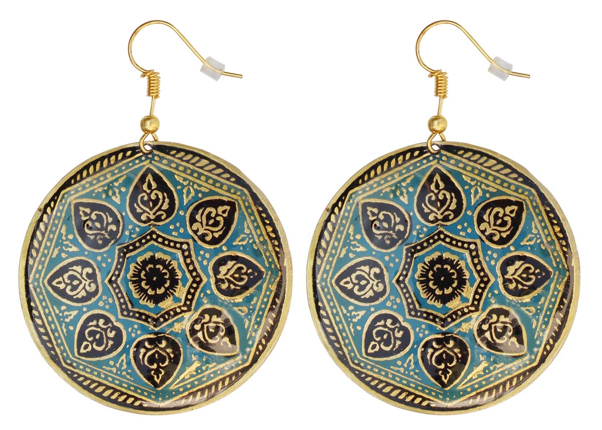 2.5” Round Brass Hook Earrings with Blue Black Enameled Pattern - Drop Earrings / Accessories for Her - Buy in Bulk Wholesale